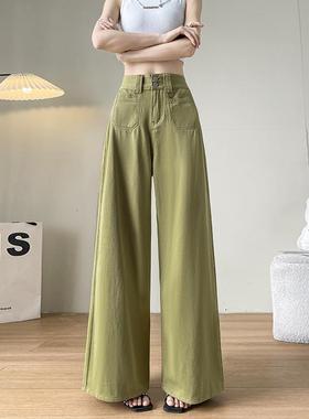 军绿色直筒牛仔裤女2024年新款夏季宽松小个子工装裤休闲阔腿裤子