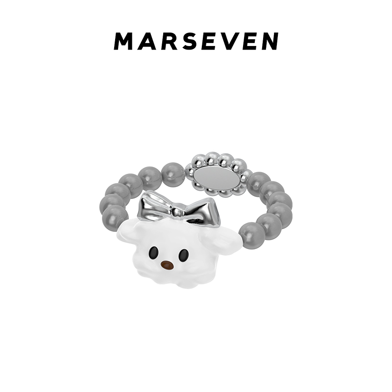 MARSEVEN 黑白小狗系列珍珠蝴蝶结白色小狗戒指原创设计简约指环