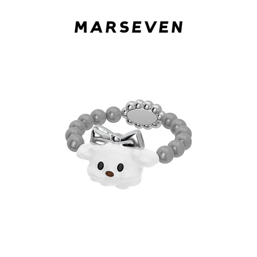 MARSEVEN 黑白小狗系列珍珠蝴蝶结白色小狗戒指原创设计简约指环