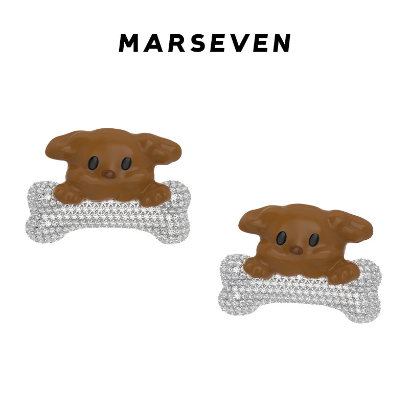 MARSEVEN 小狗系列满钻小狗骨头耳钉趣味个性可爱原创设计耳饰