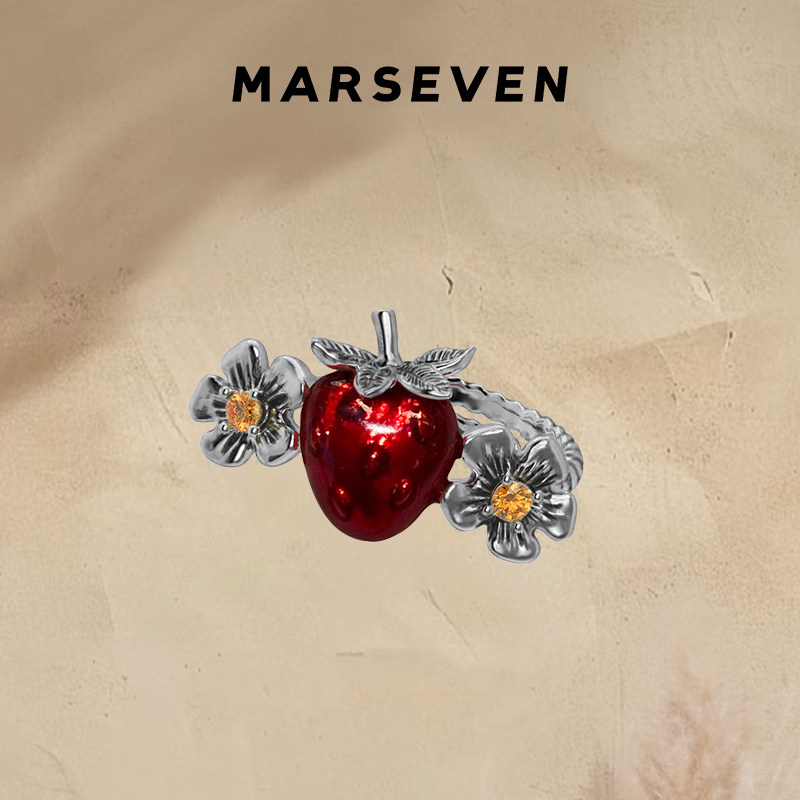 MARSEVEN 野餐系列做旧宝石花红草莓戒指S925银原创小众开口指环