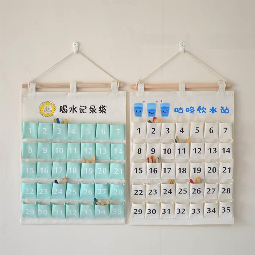 。幼儿园喝水记录袋喝水区打卡记录棒帆布袋子环保墙贴小班晨检卡