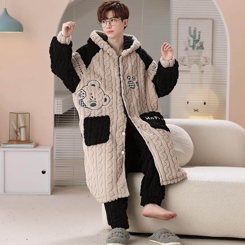 珊瑚绒睡衣男孩青少年中大童秋冬季保暖法兰绒长款睡袍家居服套装