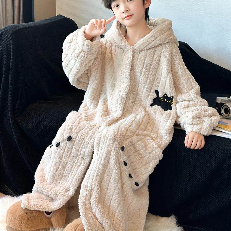 男童秋冬款珊瑚绒睡衣2025新款冬季加绒长款儿童睡袍法兰绒家居服