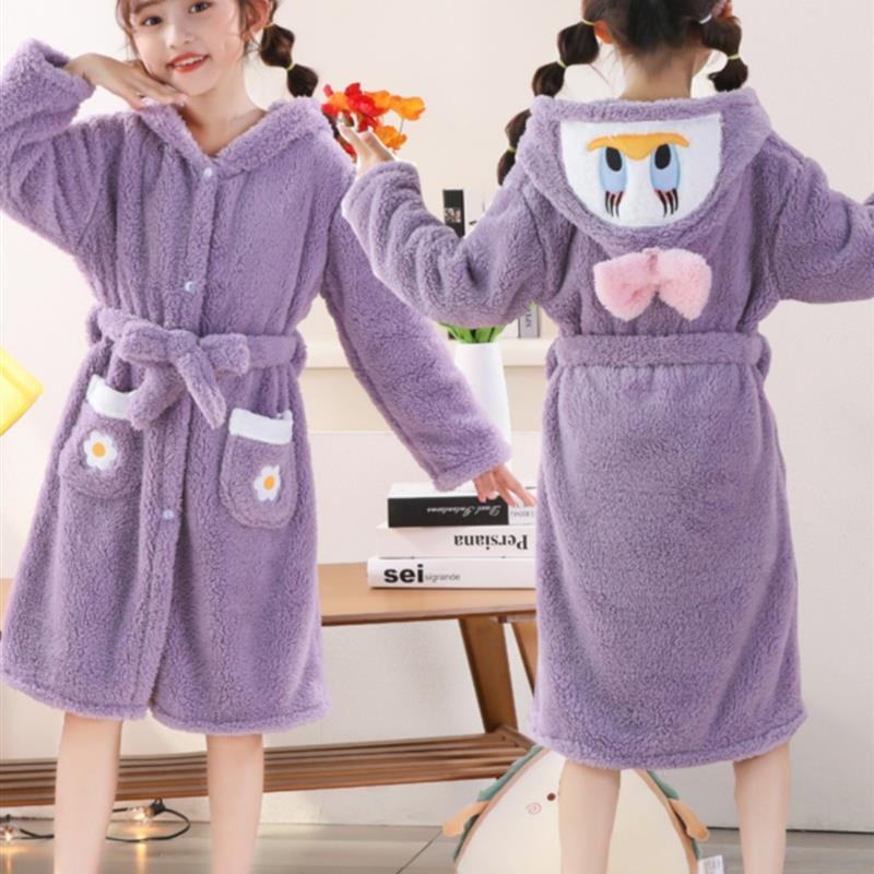 秋冬加厚珊瑚绒浴袍女童可爱卡通连帽保暖睡袍宝宝男童法兰绒睡衣