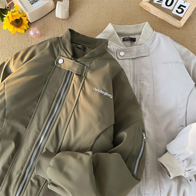 潮牌美式字母刺绣棒球服飞行员夹克男情侣覆古秋冬季加厚棉服外套