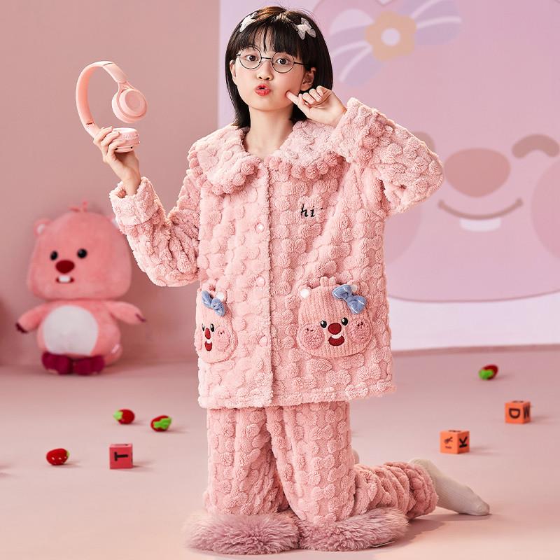 女童睡衣秋冬季珊瑚绒加厚可爱loopy套儿童睡衣女大童保暖家居服