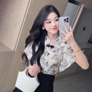 夏季 新款 水墨印花盤扣短袖 獨(dú)特漂亮小衫 減齡上衣女 雪紡襯衫 新中式