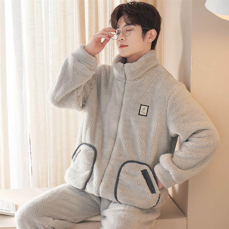 睡衣男秋冬加厚加绒法兰绒套装珊瑚绒家居服开衫拉链大码保暖冬装