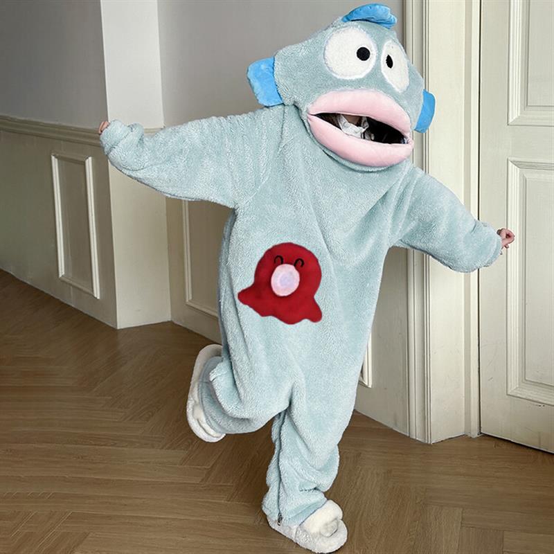 丑鱼儿童可爱搞怪连体睡衣男女法兰绒秋冬季加厚珊瑚绒卡通家居服