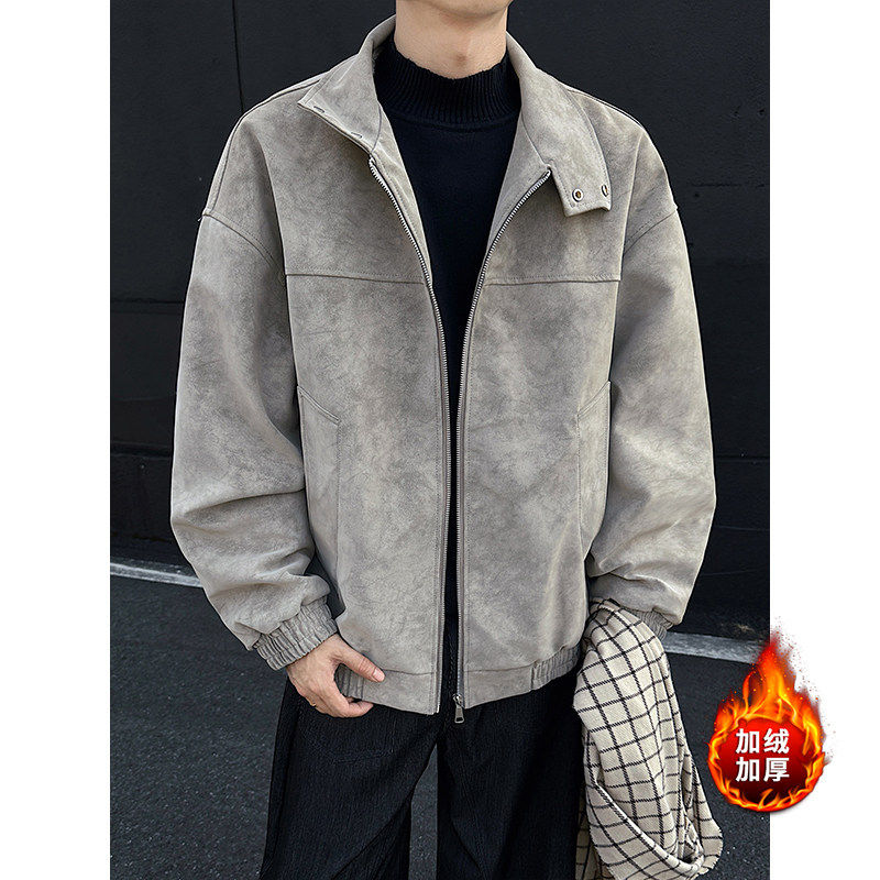 灰色美式扎染皮衣外套男秋季cleanfit飞行员夹克加绒设计感棒球服