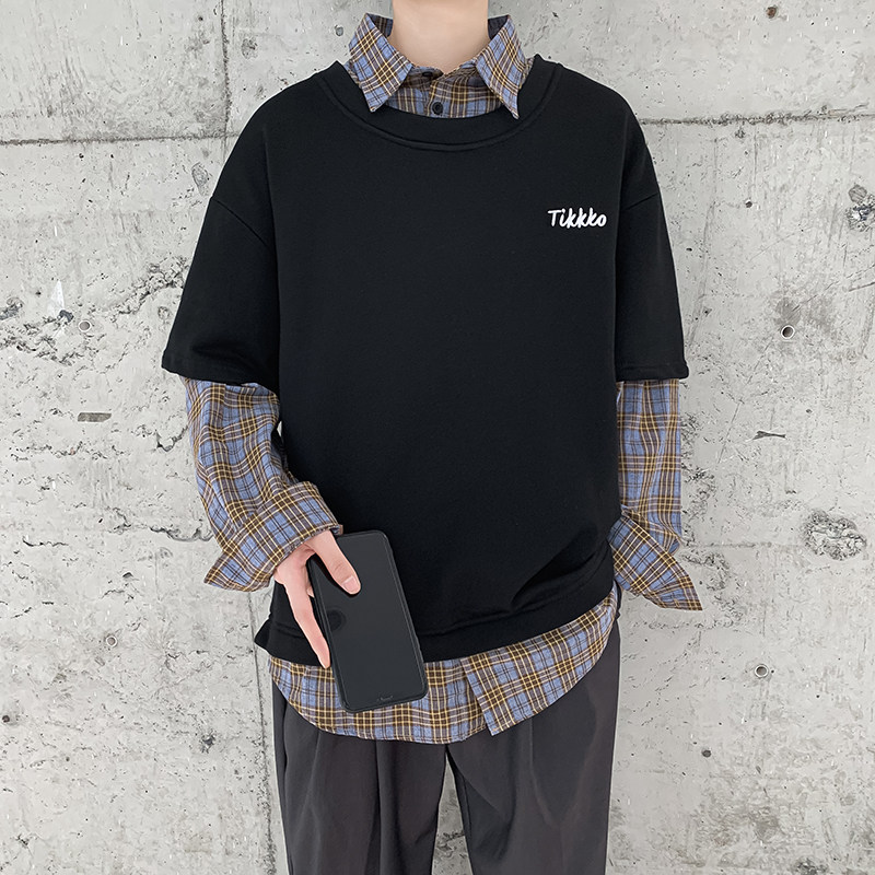 高级感衬衫男秋冬小众设计感盐系日系假两件叠穿上衣情侣炸街卫衣