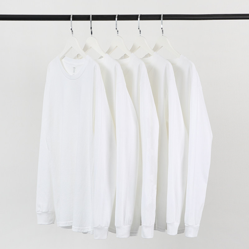 320g重磅纯棉长袖t恤男宽松秋冬季美式厚实卫衣白色小领口打底衫