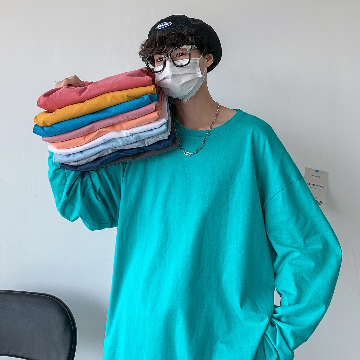 春季男士纯色棉长袖t恤圆领打底衫情侣