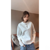 白灰色亨利领正肩长袖 解构拼接重磅卫衣立领打底衫 t恤男秋季 美式