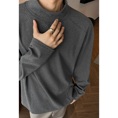 灰色德绒打底衫男款春季拼接解构半高领卫衣内搭美式正肩长袖t恤