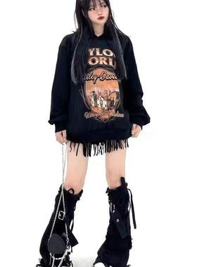 新款美式辣妹穿搭黑色牛仔腿套女生高街百搭显瘦毛边微喇叭袜套潮