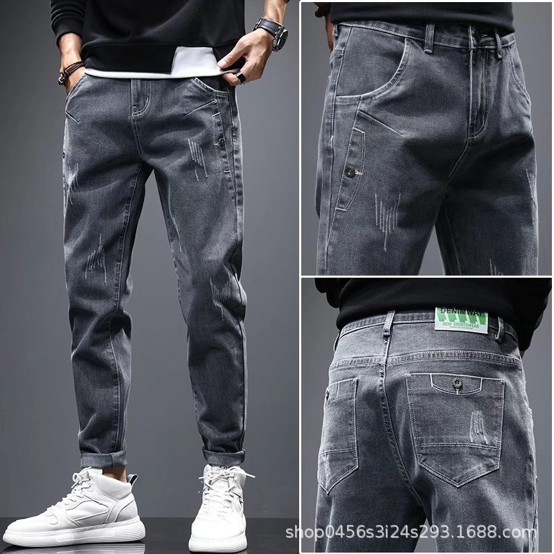 春秋牛仔裤男弹力网红厚款青年加绒男士修身小脚休闲潮牌灰长