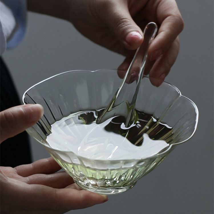 高硼硅玻璃微波炉加热仿宋花瓣干炮碗茶盏玻璃茶勺饭碗