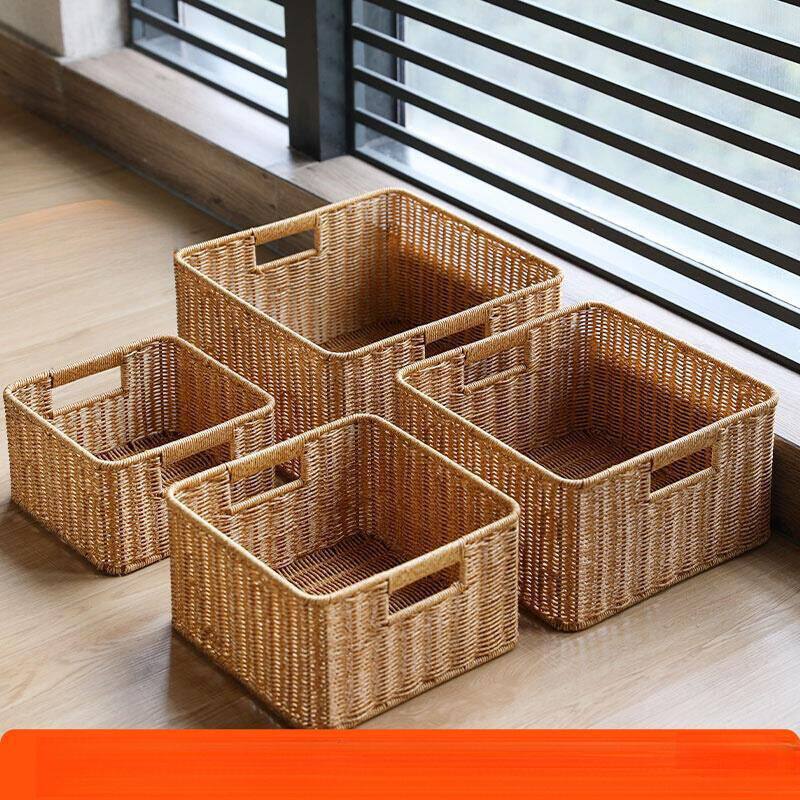 客厅橱柜置物篮 电视柜格子收纳筐塑料藤编 茶几杂物整理篮正方形