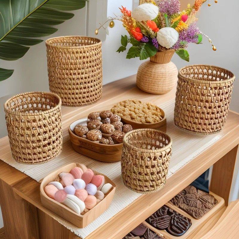 越南手工藤编镂空收纳筐秋藤编织圆形餐具筷子杂物家用桌面收纳篮,家居饰品,花篮,淘宝优惠券,粉丝福利购,淘宝优惠卷