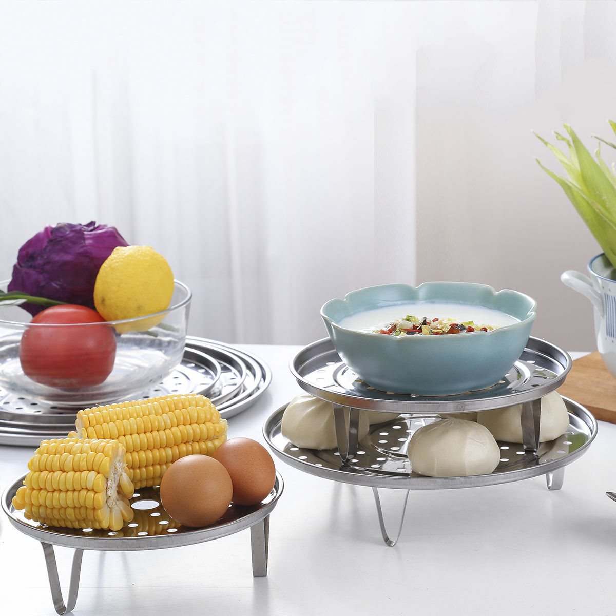 不锈钢高脚蒸架加厚多用隔水蒸盘蒸片蒸包子厨房蒸笼蒸屉家用蒸格