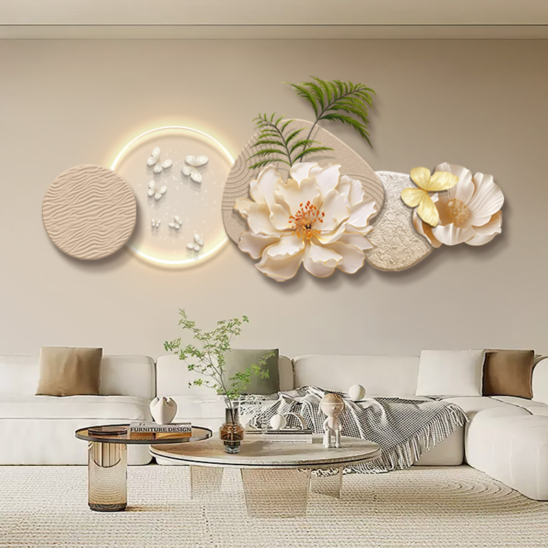 奶油风客厅装饰画高级感多层立体沙发背景墙挂画卧室床头带灯壁画