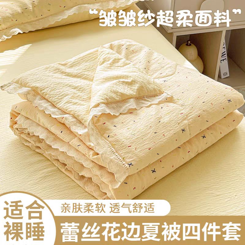 新款云感皱皱纱夏被碎花被芯床上四件套花边款空调被水洗棉夏凉被