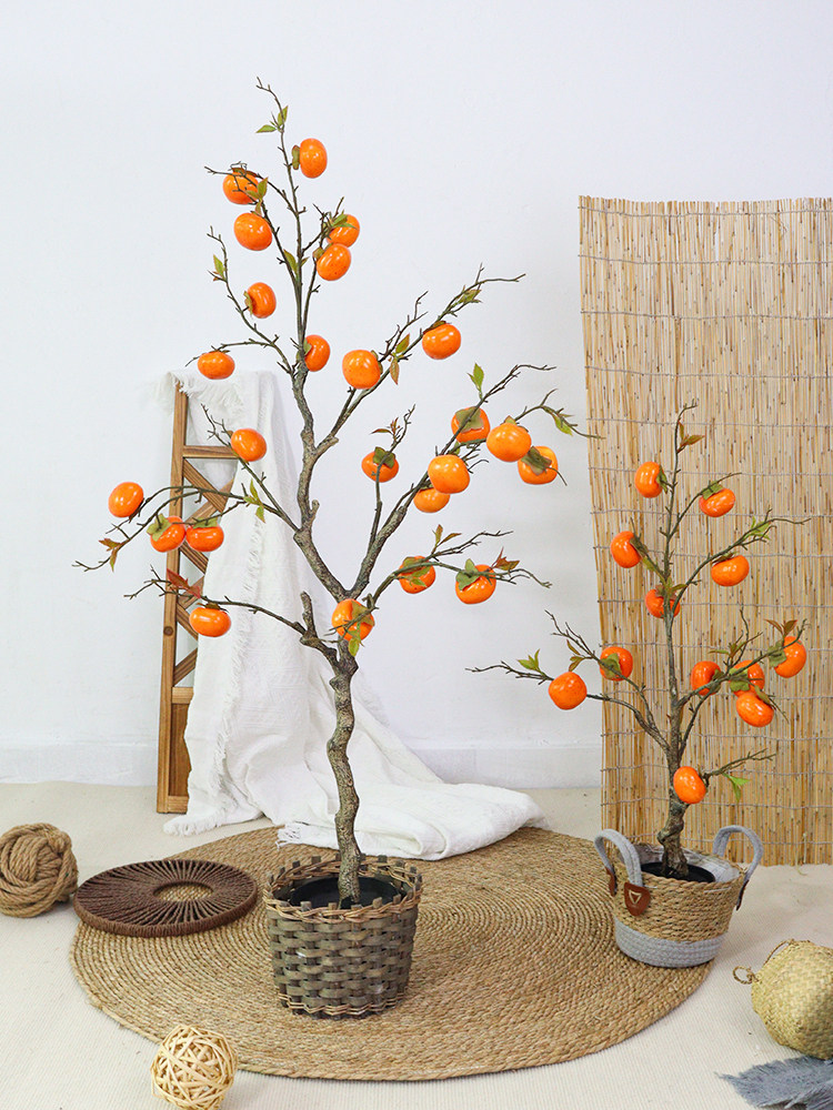 新中式客厅盆栽民宿茶室景观装饰假绿植仿真树柿子树摆件假花果树