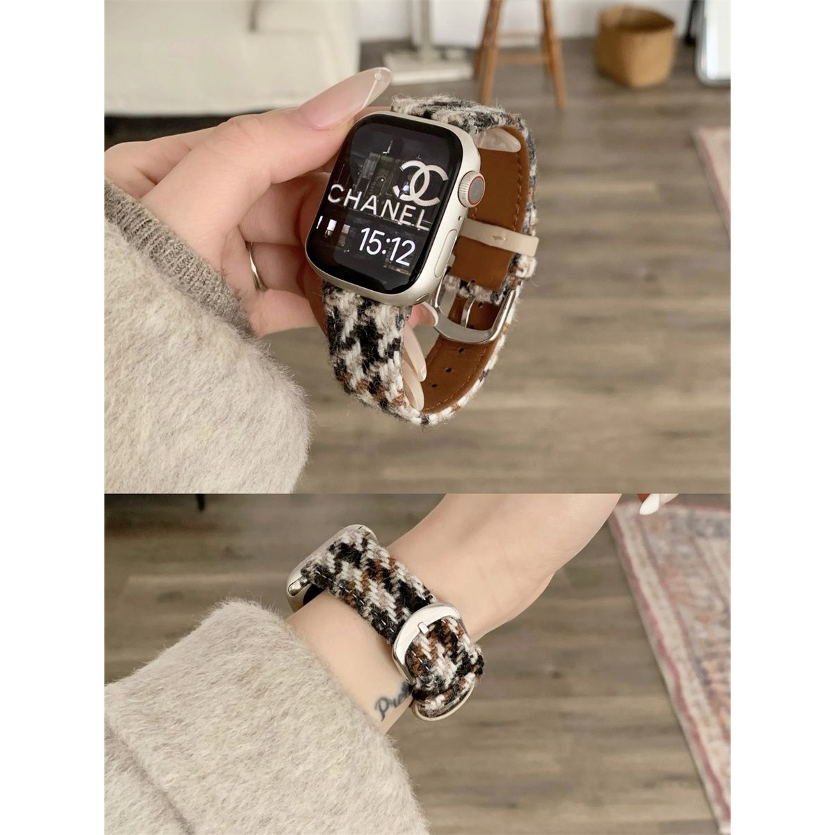 1746适用AppleWatchS10/9秋冬鸟格纹毛呢表带苹果手表876543高级s