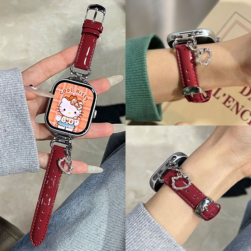 适用苹果手表表带金属s10s9镶钻iwatch10秋冬真皮猫咪女款冬季765