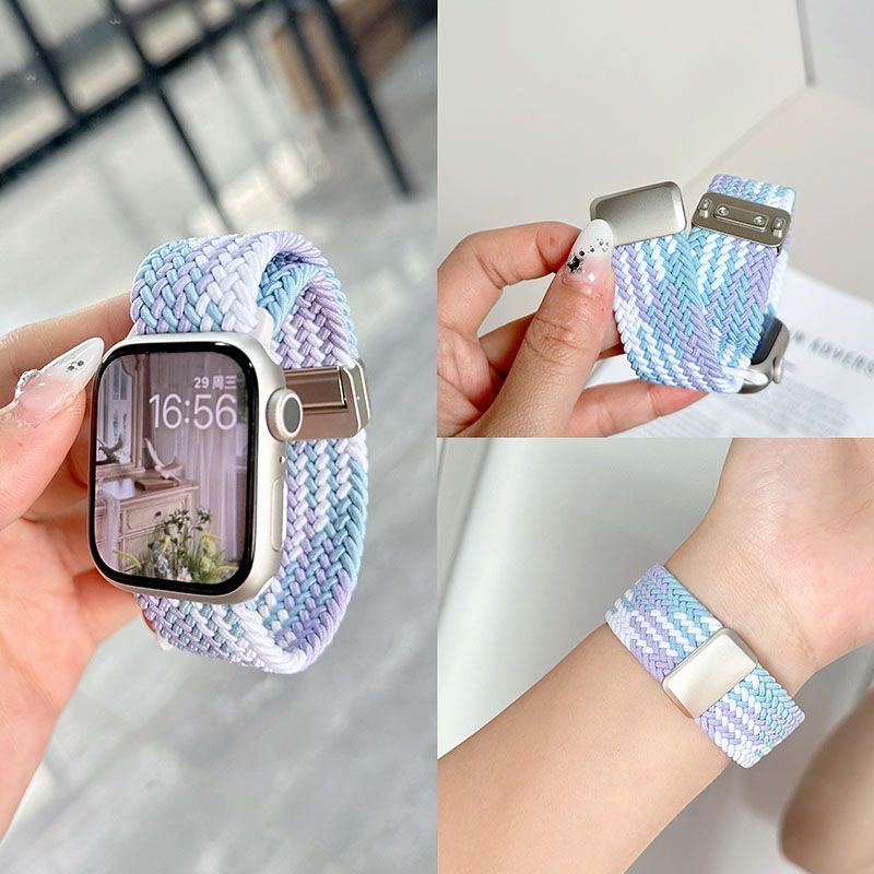 适用苹果AppleS10Watch9尼龙编织弹力回环磁吸表带iwatch8765表带