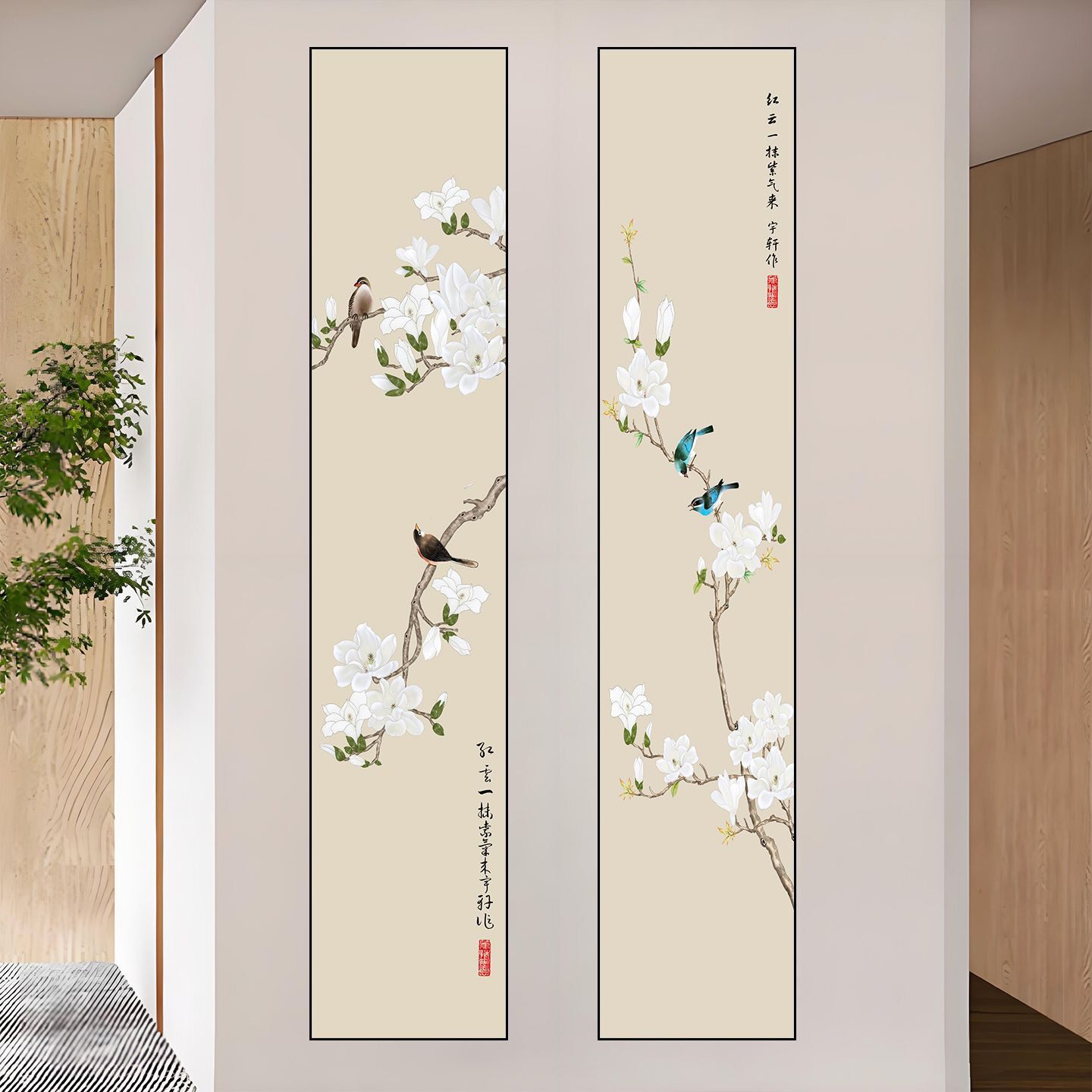 新中式国风花鸟自粘墙贴画衣柜卫生间门书房茶室酒店装饰贴纸壁画