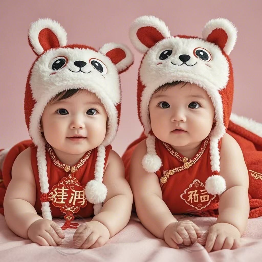 可爱双胞胎萌娃财运送子自粘贴画新房早孕婚房宝宝画床头客厅自粘