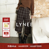 LYNEE 复古宽松裙裤 羊毛混纺格纹七分裤 休闲毛呢直筒裤