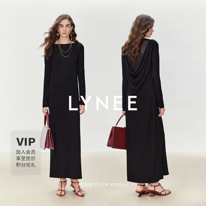 LYNEE 简约长袖拼接后开衩连衣裙女2026新款设计感黑色气质长裙图片