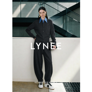 毛衣套装 LYNEE 羊毛抽绳收脚裤 领灰色羊毛针织开衫 miu系衬衫