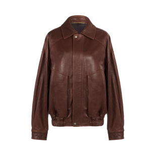LYNEE 2025秋冬棕色做旧复古机车皮夹克外套 轻蜡自然纹皮衣女新款