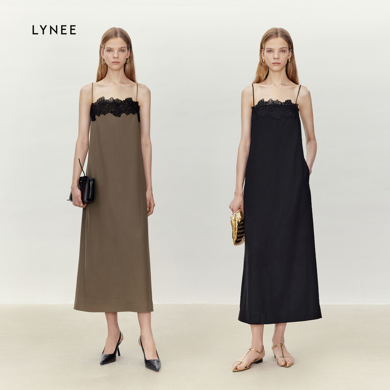 LYNEE 100%高支绵羊毛蕾丝吊带连衣裙女2025年夏新款气质显瘦长裙