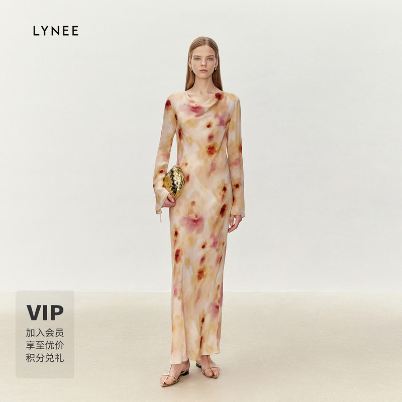 LYNEE 荡领垂感晕染花朵印花系带连衣裙女优雅显瘦法式长裙