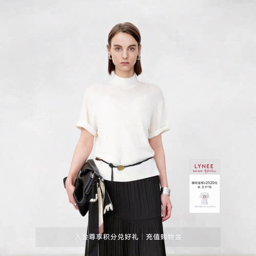 LYNEE【天鹅颈】扬子纱短袖半高领针织衫短袖T恤 春季新款上衣女