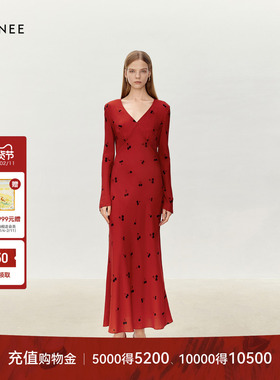 LYNEE【黑标系列】法式红色真丝桑蚕丝连衣裙长裙樱桃印花纸片人