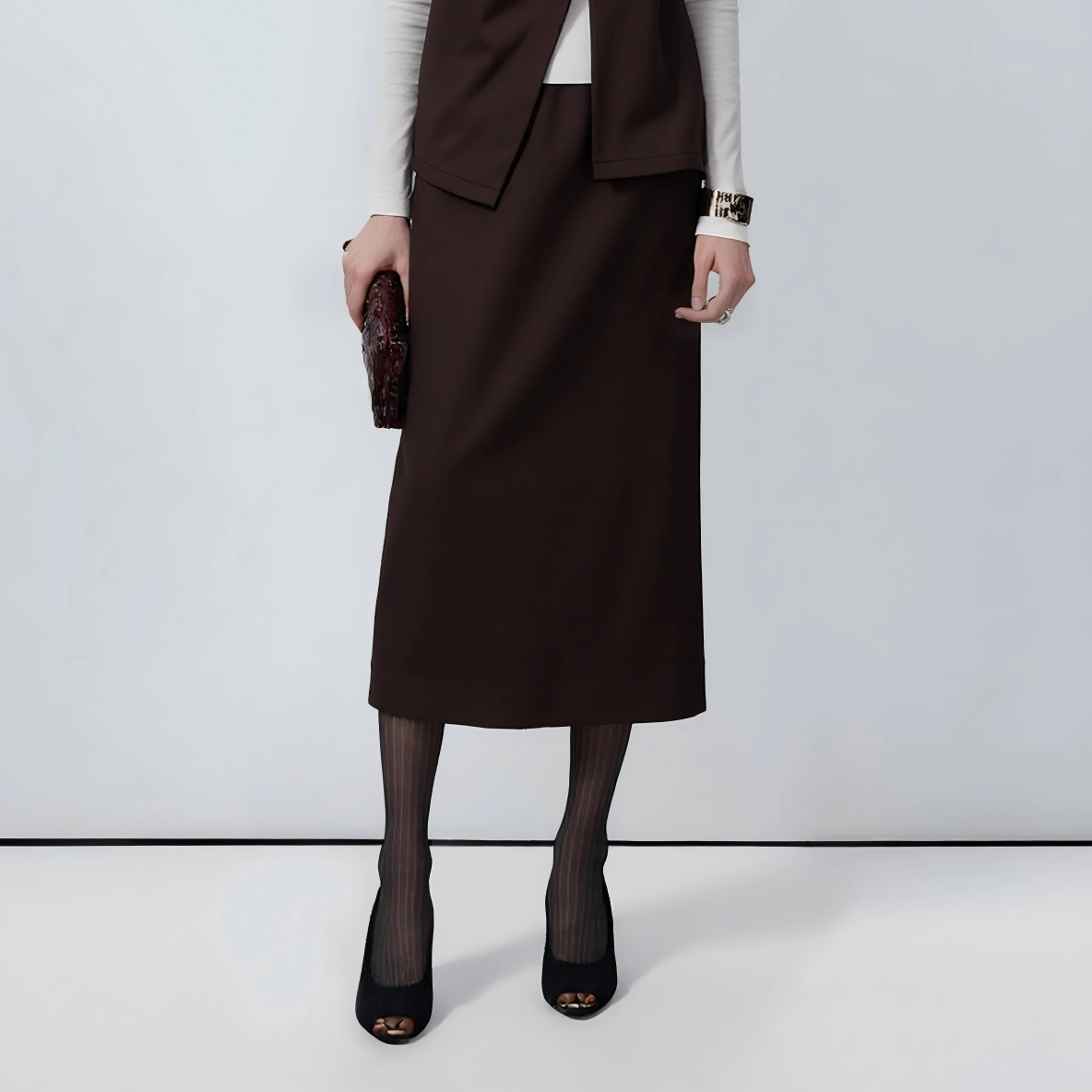 LYNEE【巴黎左岸】松紧腰羊毛半裙女冬新款后开叉直筒百搭半身裙