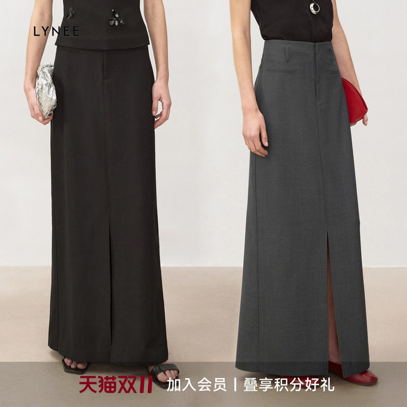 LYNEE 高腰前开衩简约羊毛半身裙女百搭直筒半裙