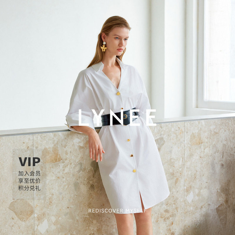 LYNEE 纯棉重工金属扣极简衬衫式连衣裙女夏季新款气质通勤中长裙