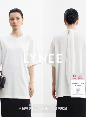 LYNEE【无名】白色棉拼接可拆卸桑蚕丝丝巾飘带时装宽松短袖T恤女