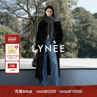 LYNEE【黑标801 水光大衣】秘鲁进口苏力羊驼毛大衣女黑色长外套