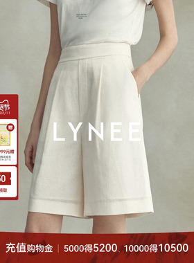 LYNEE 简约老钱亚麻 肌理感高腰白色中裤 夏季百搭高级感西装短裤