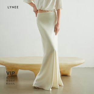 LYNEE醋酸缎面鱼尾半身裙女26新款 白色简约气质半裙 明星同款