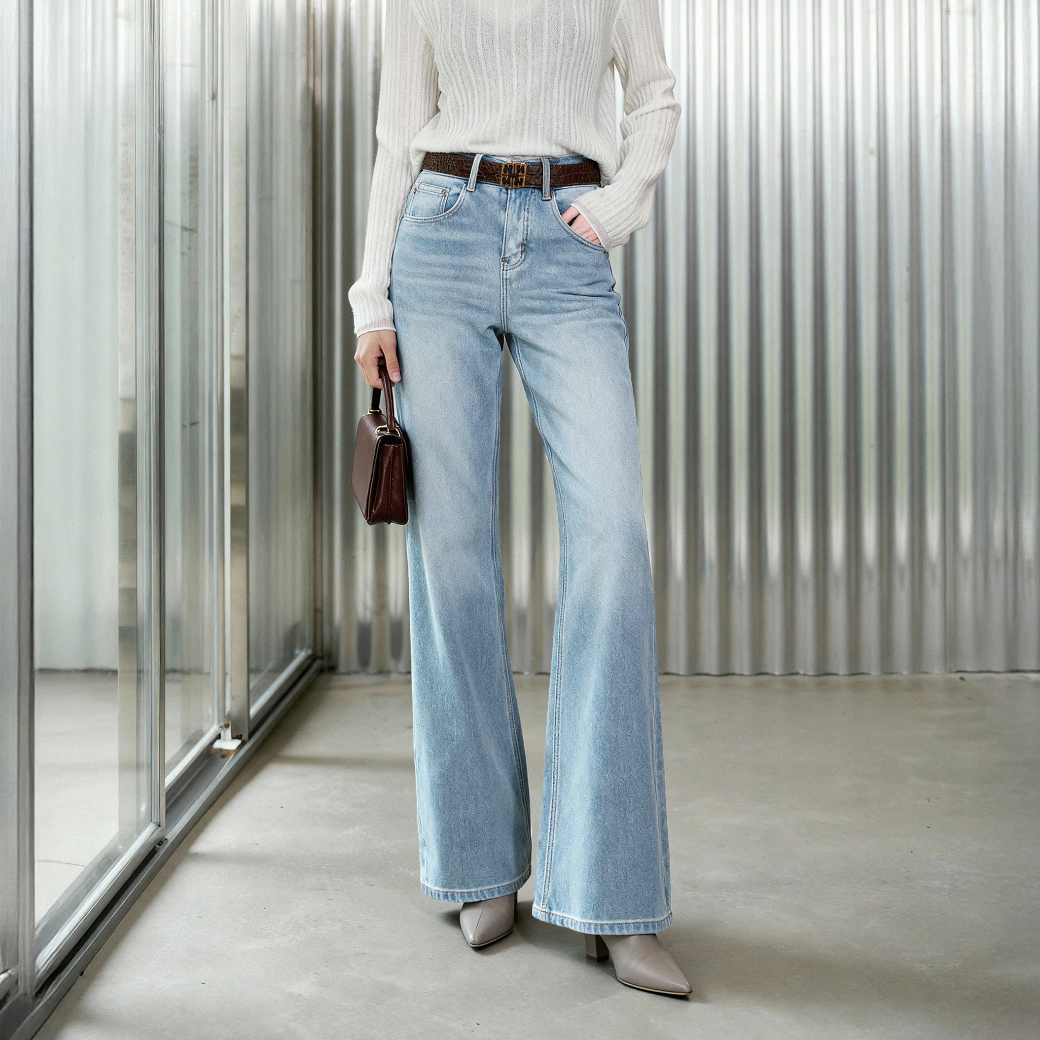 新LYNEE 高腰四面弹棉混纺微喇牛仔裤冬季保暖加绒显高长裤